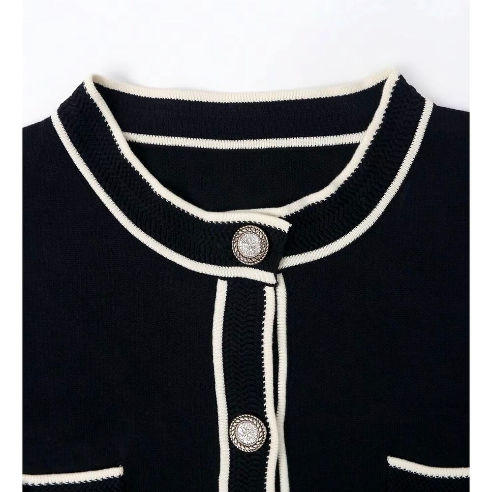 Knit Mix Frenchy Black Contrast Trim Cardigan Size XL Gold Button Sweater - Picture 6 of 12